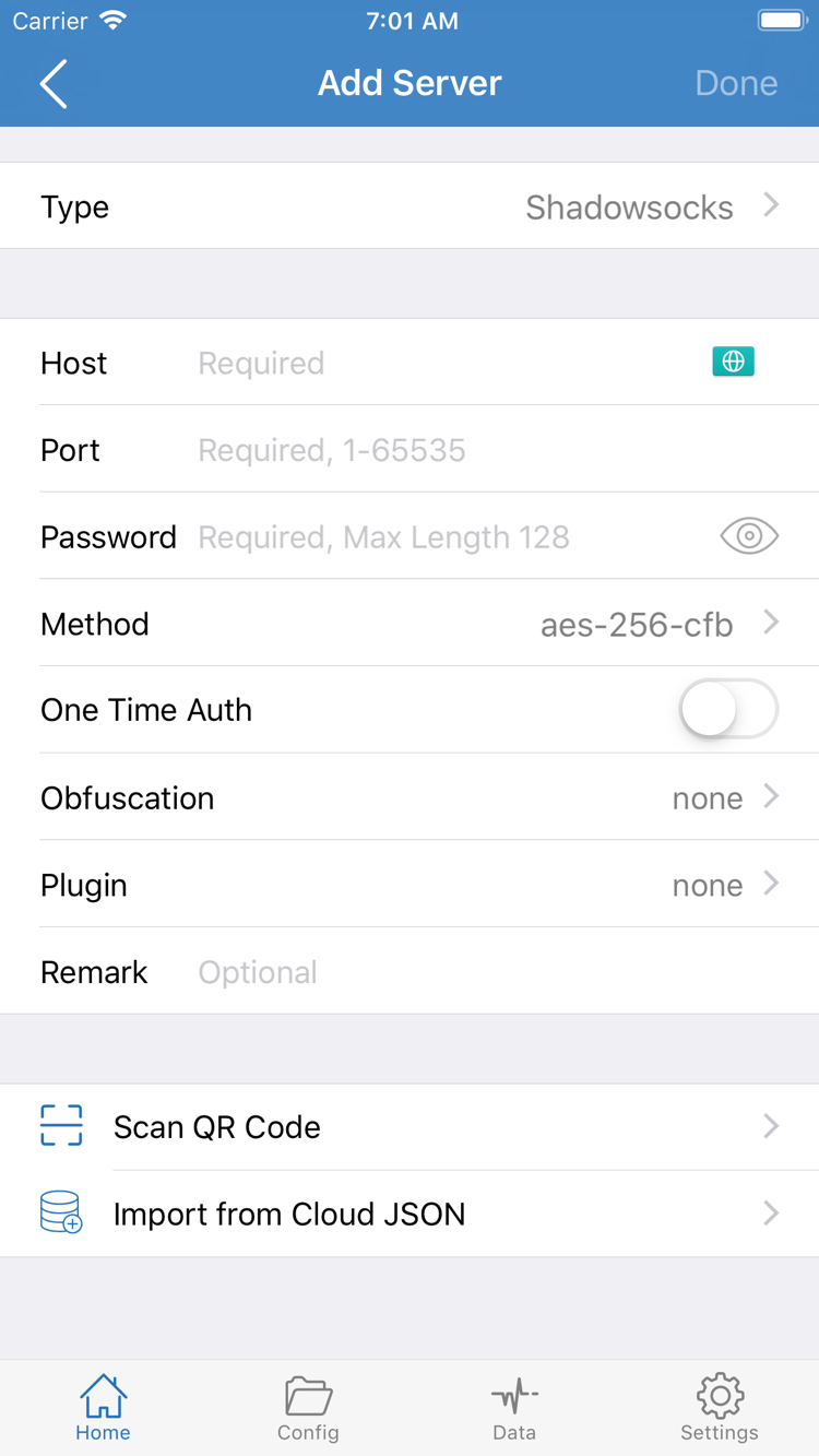 Shadowrocket Add Server 화면: Type, Host, Port, Password, Method, Scan QR Code 및 Import from Cloud JSON 포함