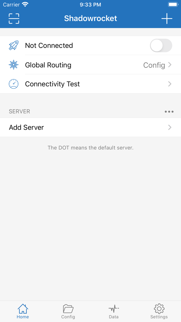 Shadowrocket Home 頁面，顯示連線開關、Global Routing 與 Add Server